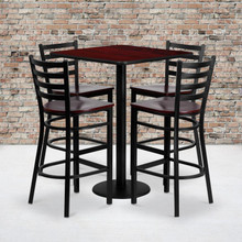 30'' Square Mahogany Laminate Table Set with 4 Ladder Back Metal Barstools - Mahogany Wood Seat [FLF-MD-0014-GG]