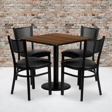 30'' Square Walnut Laminate Table Set with 4 Grid Back Metal Chairs - Black Vinyl Seat [FLF-MD-0005-GG]