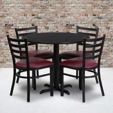 36'' Round Black Laminate Table Set with X-Base and 4 Ladder Back Metal Chairs - Burgundy Vinyl Seat [FLF-HDBF1005-GG]