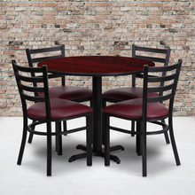 36'' Round Mahogany Laminate Table Set with X-Base and 4 Ladder Back Metal Chairs - Burgundy Vinyl Seat [FLF-HDBF1006-GG]