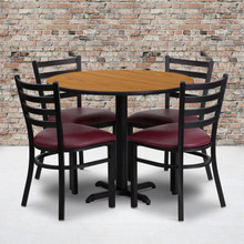 36'' Round Natural Laminate Table Set with X-Base and 4 Ladder Back Metal Chairs - Burgundy Vinyl Seat [FLF-HDBF1007-GG]