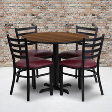 36'' Round Walnut Laminate Table Set with X-Base and 4 Ladder Back Metal Chairs - Burgundy Vinyl Seat [FLF-HDBF1008-GG]
