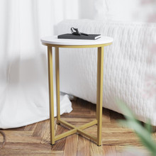 Hampstead Collection End Table - Modern White Finish Accent Table with Crisscross Brushed Gold Frame [FLF-NAN-JH-1787ET-GG]