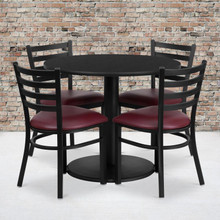 36'' Round Black Laminate Table Set with Round Base and 4 Ladder Back Metal Chairs - Burgundy Vinyl Seat [FLF-RSRB1005-GG]