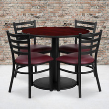 36'' Round Mahogany Laminate Table Set with Round Base and 4 Ladder Back Metal Chairs - Burgundy Vinyl Seat [FLF-RSRB1006-GG]
