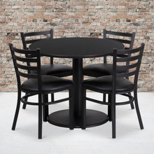36'' Round Black Laminate Table Set with Round Base and 4 Ladder Back Metal Chairs - Black Vinyl Seat [FLF-RSRB1029-GG]