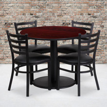 36'' Round Mahogany Laminate Table Set with Round Base and 4 Ladder Back Metal Chairs - Black Vinyl Seat [FLF-RSRB1030-GG]