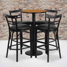 24'' Round Natural Laminate Table Set with Round Base and 4 Two-Slat Ladder Back Metal Barstools - Black Vinyl Seat [FLF-RSRB1035-GG]