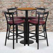 24'' Round Natural Laminate Table Set with Round Base and 4 Two-Slat Ladder Back Metal Barstools - Burgundy Vinyl Seat [FLF-RSRB1039-GG]