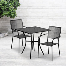 Oia Commercial Grade 28" Square Black Indoor-Outdoor Steel Patio Table Set with 2 Square Back Chairs [FLF-CO-28SQ-02CHR2-BK-GG]