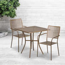 Oia Commercial Grade 28" Square Gold Indoor-Outdoor Steel Patio Table Set with 2 Square Back Chairs [FLF-CO-28SQ-02CHR2-GD-GG]