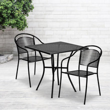 Oia Commercial Grade 28" Square Black Indoor-Outdoor Steel Patio Table Set with 2 Round Back Chairs [FLF-CO-28SQ-03CHR2-BK-GG]