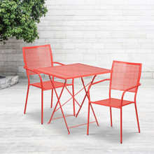 Oia Commercial Grade 28" Square Coral Indoor-Outdoor Steel Folding Patio Table Set with 2 Square Back Chairs [FLF-CO-28SQF-02CHR2-RED-GG]