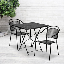 Oia Commercial Grade 28" Square Black Indoor-Outdoor Steel Folding Patio Table Set with 2 Round Back Chairs [FLF-CO-28SQF-03CHR2-BK-GG]
