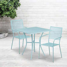 Oia Commercial Grade 28" Square Sky Blue Indoor-Outdoor Steel Patio Table Set with 2 Square Back Chairs [FLF-CO-28SQ-02CHR2-SKY-GG]