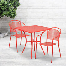 Oia Commercial Grade 28" Square Coral Indoor-Outdoor Steel Patio Table Set with 2 Round Back Chairs [FLF-CO-28SQ-03CHR2-RED-GG]
