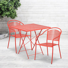 Oia Commercial Grade 28" Square Coral Indoor-Outdoor Steel Folding Patio Table Set with 2 Round Back Chairs [FLF-CO-28SQF-03CHR2-RED-GG]