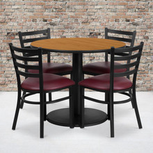 36'' Round Natural Laminate Table Set with Round Base and 4 Ladder Back Metal Chairs - Burgundy Vinyl Seat [FLF-RSRB1007-GG]