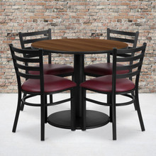 36'' Round Walnut Laminate Table Set with Round Base and 4 Ladder Back Metal Chairs - Burgundy Vinyl Seat [FLF-RSRB1008-GG]