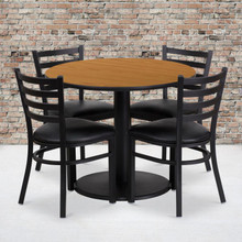 36'' Round Natural Laminate Table Set with Round Base and 4 Ladder Back Metal Chairs - Black Vinyl Seat [FLF-RSRB1031-GG]