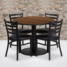 36'' Round Walnut Laminate Table Set with Round Base and 4 Ladder Back Metal Chairs - Black Vinyl Seat [FLF-RSRB1032-GG]