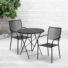 Oia Commercial Grade 30" Round Black Indoor-Outdoor Steel Folding Patio Table Set with 2 Square Back Chairs [FLF-CO-30RDF-02CHR2-BK-GG]