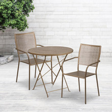 Oia Commercial Grade 30" Round Gold Indoor-Outdoor Steel Folding Patio Table Set with 2 Square Back Chairs [FLF-CO-30RDF-02CHR2-GD-GG]