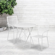 Oia Commercial Grade 30" Round White Indoor-Outdoor Steel Folding Patio Table Set with 2 Square Back Chairs [FLF-CO-30RDF-02CHR2-WH-GG]
