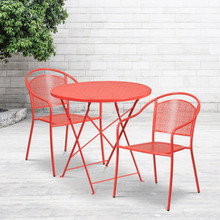 Oia Commercial Grade 30" Round Coral Indoor-Outdoor Steel Folding Patio Table Set with 2 Round Back Chairs [FLF-CO-30RDF-03CHR2-RED-GG]