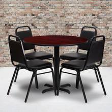 36'' Round Mahogany Laminate Table Set with X-Base and 4 Black Trapezoidal Back Banquet Chairs [FLF-HDBF1002-GG]