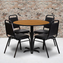 36'' Round Natural Laminate Table Set with X-Base and 4 Black Trapezoidal Back Banquet Chairs [FLF-HDBF1003-GG]