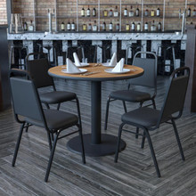 36'' Round Walnut Laminate Table Set with X-Base and 4 Black Trapezoidal Back Banquet Chairs [FLF-HDBF1004-GG]