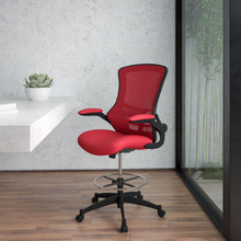 Mid-Back Red Mesh Ergonomic Drafting Chair with Adjustable Foot Ring and Flip-Up Arms [FLF-BL-X-5M-D-RED-GG]