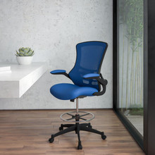 Mid-Back Blue Mesh Ergonomic Drafting Chair with Adjustable Foot Ring and Flip-Up Arms [FLF-BL-X-5M-D-BLUE-GG]