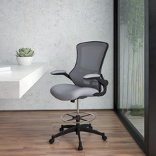 Mid-Back Dark Gray Mesh Ergonomic Drafting Chair with Adjustable Foot Ring and Flip-Up Arms [FLF-BL-X-5M-D-DKGY-GG]