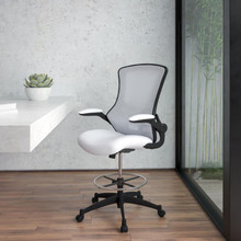 Mid-Back White Mesh Ergonomic Drafting Chair with Adjustable Foot Ring and Flip-Up Arms [FLF-BL-X-5M-D-WH-GG]