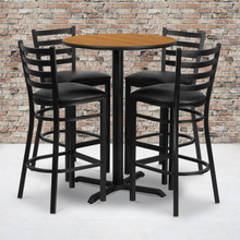 30'' Round Natural Laminate Table Set with X-Base and 4 Ladder Back Metal Barstools - Black Vinyl Seat [FLF-HDBF1023-GG]