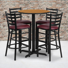 30'' Round Natural Laminate Table Set with X-Base and 4 Ladder Back Metal Barstools - Burgundy Vinyl Seat [FLF-HDBF1027-GG]