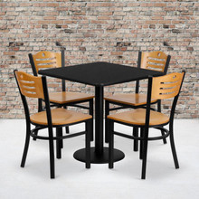 30'' Square Black Laminate Table Set with 4 Wood Slat Back Metal Chairs - Natural Wood Seat [FLF-MD-0010-GG]