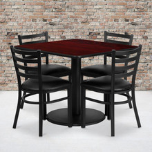 36'' Square Mahogany Laminate Table Set with Round Base and 4 Ladder Back Metal Chairs - Black Vinyl Seat [FLF-RSRB1014-GG]