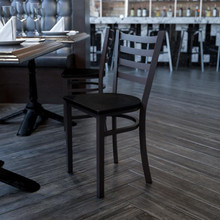 HERCULES Series Black Ladder Back Metal Restaurant Chair - Mahogany Wood Seat [FLF-XU-DG694BLAD-MAHW-GG]