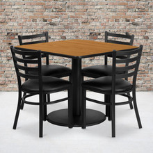 36'' Square Natural Laminate Table Set with Round Base and 4 Ladder Back Metal Chairs - Black Vinyl Seat [FLF-RSRB1015-GG]