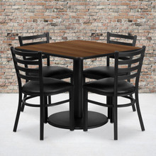 36'' Square Walnut Laminate Table Set with Round Base and 4 Ladder Back Metal Chairs - Black Vinyl Seat [FLF-RSRB1016-GG]