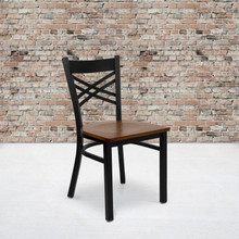 HERCULES Series Black ''X'' Back Metal Restaurant Chair - Cherry Wood Seat [FLF-XU-6FOBXBK-CHYW-GG]