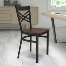 HERCULES Series Black ''X'' Back Metal Restaurant Chair - Mahogany Wood Seat [FLF-XU-6FOBXBK-MAHW-GG]