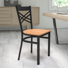 HERCULES Series Black ''X'' Back Metal Restaurant Chair - Natural Wood Seat [FLF-XU-6FOBXBK-NATW-GG]