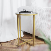 Greenwich Collection End Table - Modern Clear Glass Accent Table with Crisscross Brushed Gold Frame [FLF-NAN-JH-1786ET-GG]