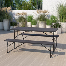 Insta-Fold Charcoal Wood Grain Folding Picnic Table and Benches - 4.5 Foot Folding Table [FLF-RB-EBB-1470FD-GG]