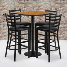 30'' Round Natural Laminate Table Set with Round Base and 4 Ladder Back Metal Barstools - Black Vinyl Seat [FLF-RSRB1023-GG]