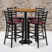 30'' Round Natural Laminate Table Set with Round Base and 4 Ladder Back Metal Barstools - Burgundy Vinyl Seat [FLF-RSRB1027-GG]